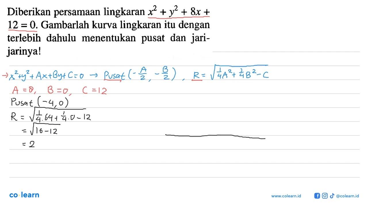 Diberikan persamaan lingkaran x^2+y^2+8x+12=0. Gambarlah