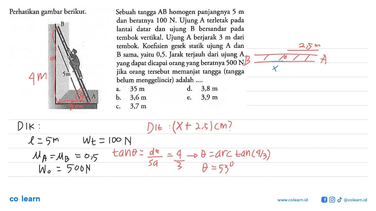 Perhatikan gambar berikut.Sebuah tangga AB homogen