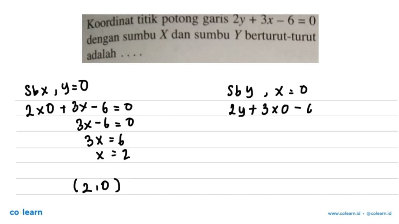 Koordinat titik potong garis 2y + 3x - 6 = 0 dengan sumbu X