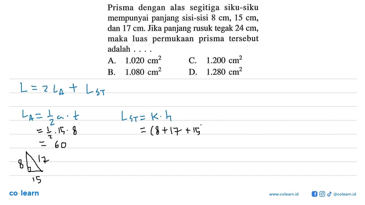 Prisma dengan alas segitiga siku-siku mempunyai panjang