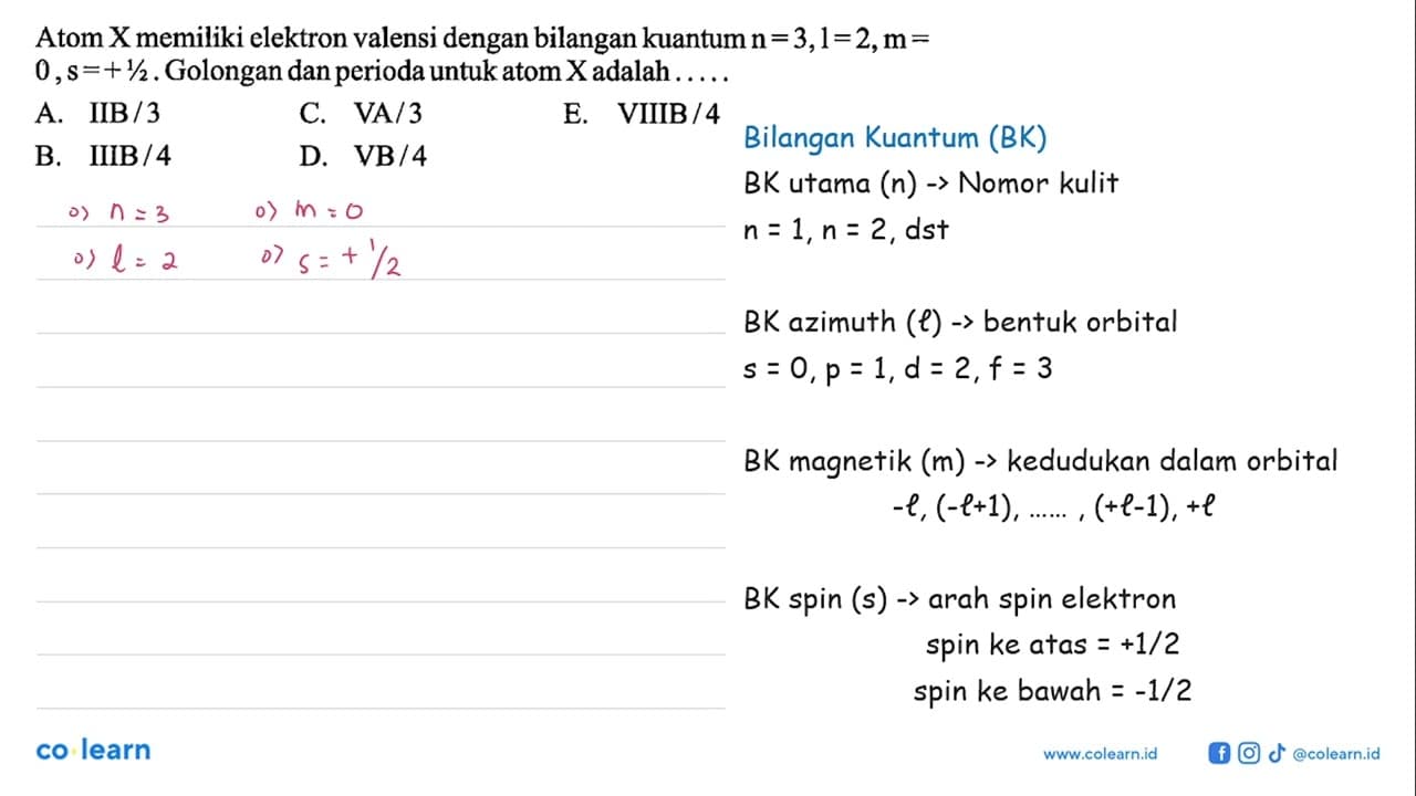 Atom X memiliki elektron valensi dengan bilangan kuantum