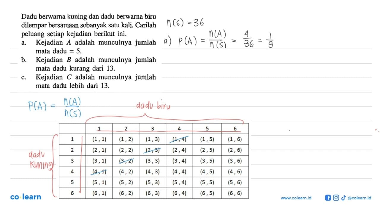 Dadu berwarna kuning dan dadu berwarna biru dilempar