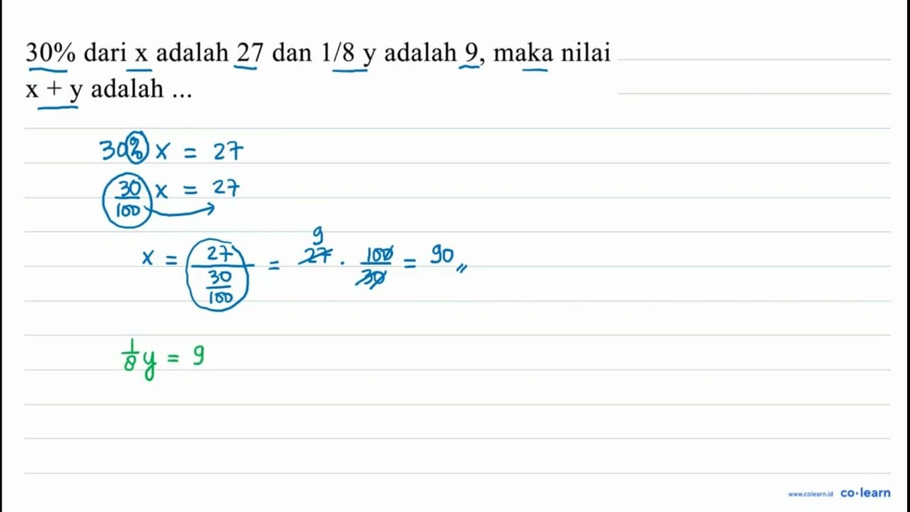 30 % dari x adalah 27 dan 1 / 8 y adalah 9 , maka nilai x+y