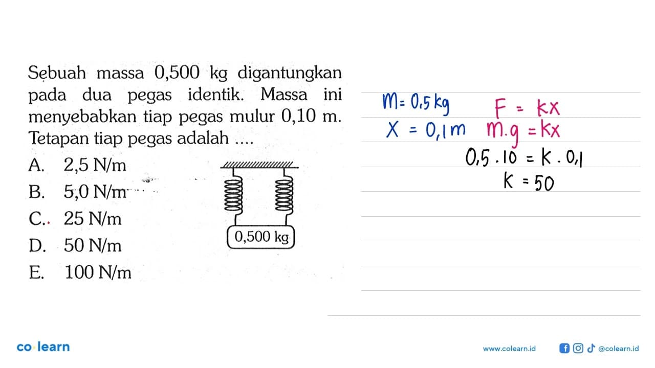 Sebuah massa 0,500 kg digantungkan pada dua pegas identik.