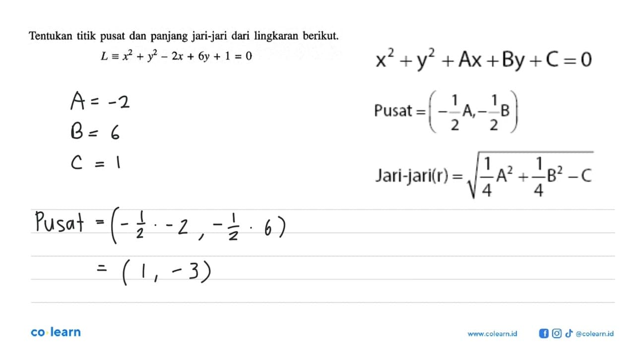 Tentukan titik pusat dan panjang jari-jari dari lingkaran