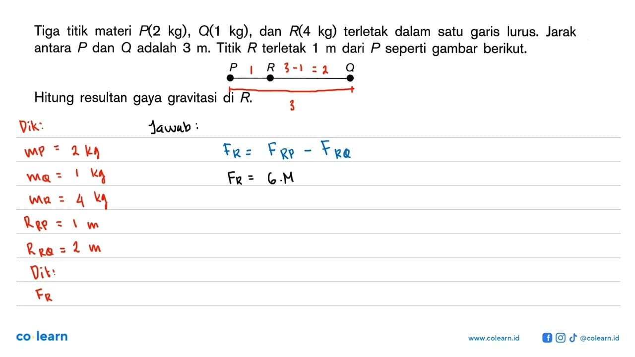 Tiga titik materi P(2 kg), Q(1 kg), dan R(4 kg) terletak