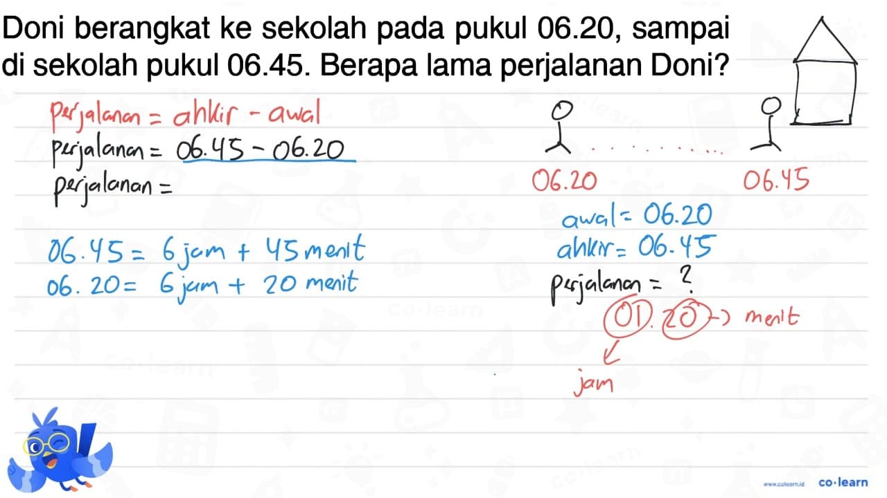 Doni berangkat ke sekolah pada pukul 06.20, sampai di