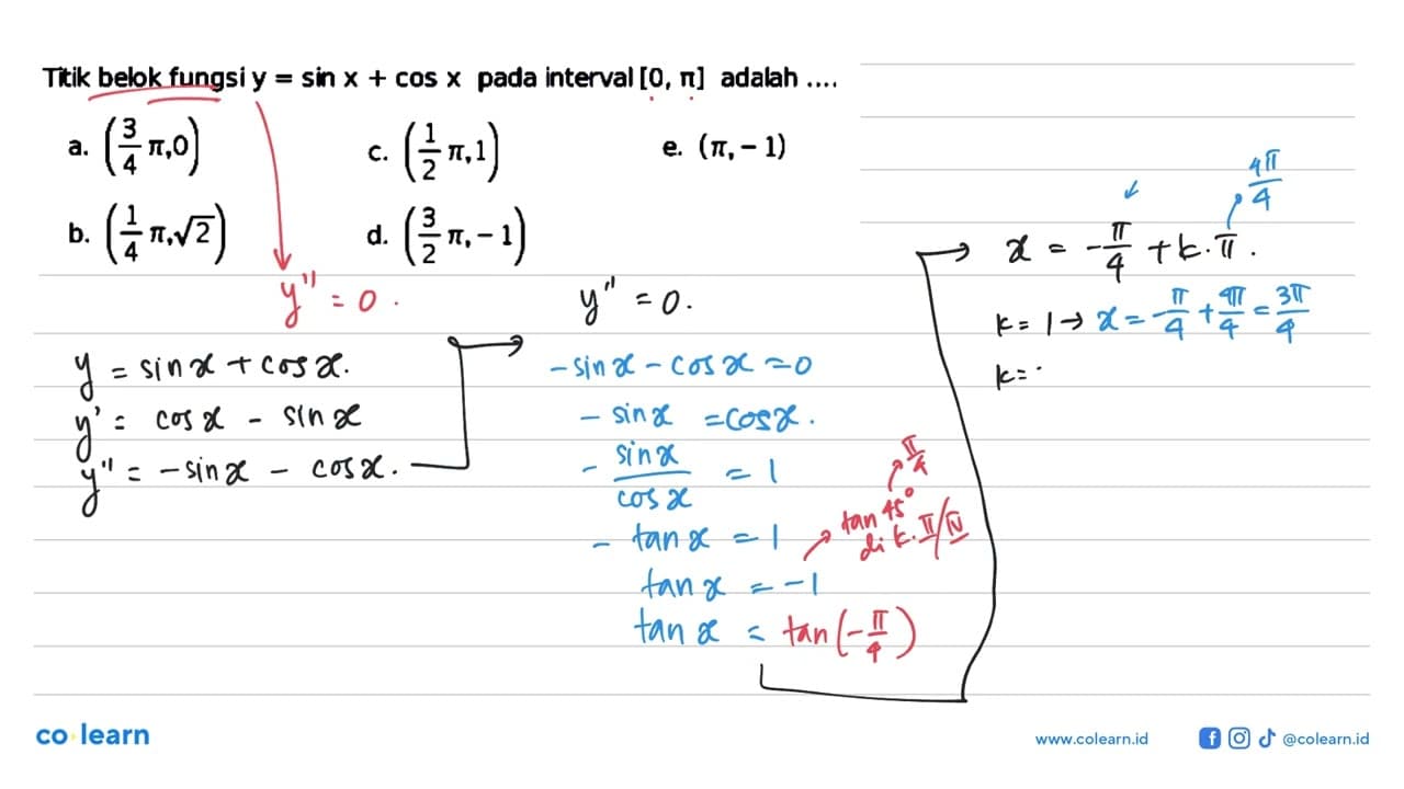 Ttik belok fungsi y=sin x+cos x pada interval [0, pi]