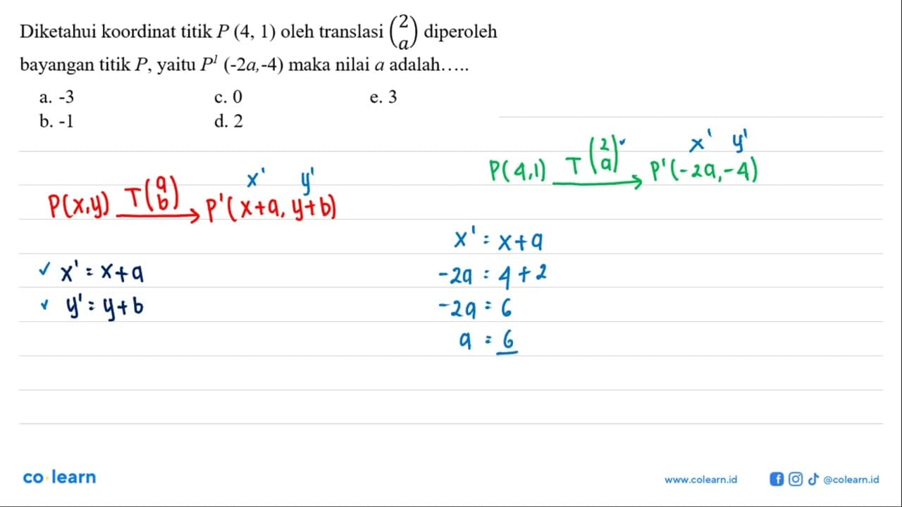 Diketahui koordinat titik P(4,1) oleh translasi (2 a)
