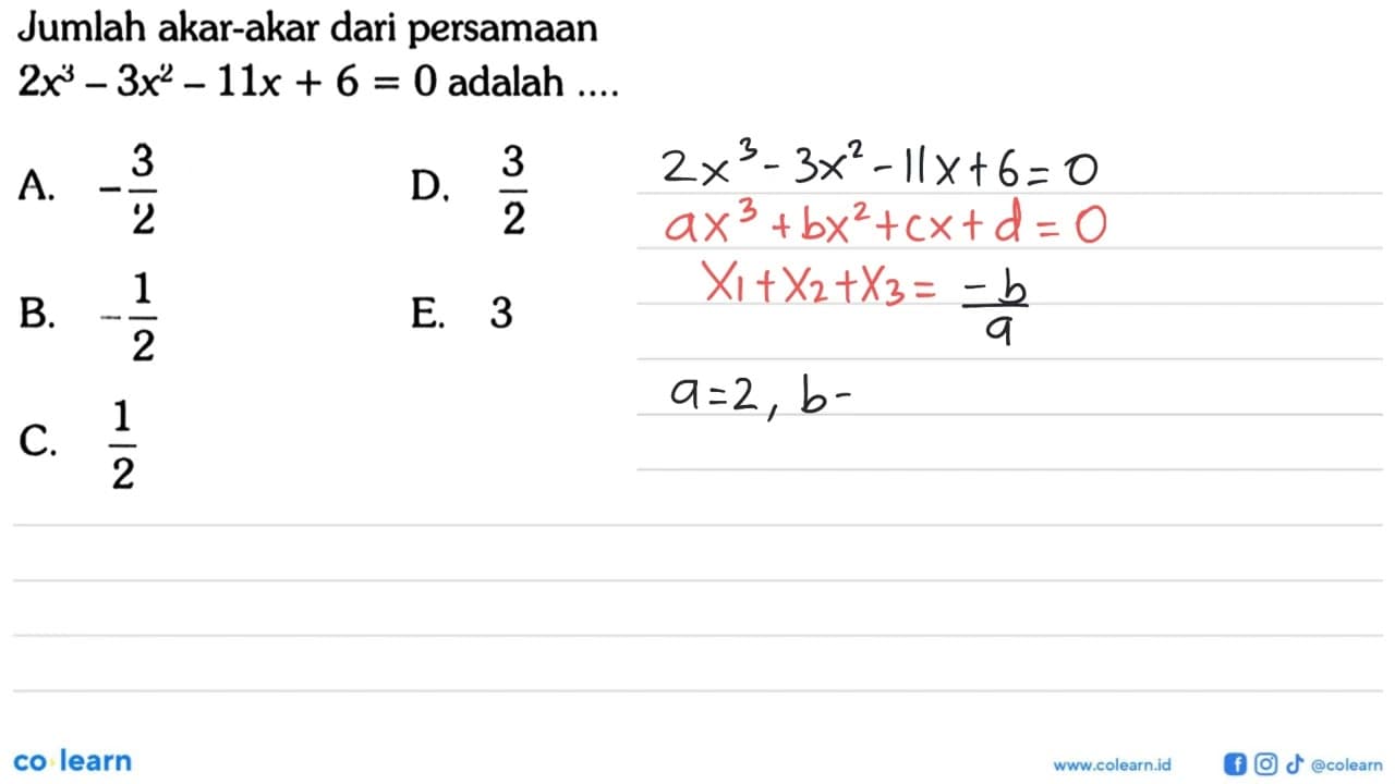 Jumlah akar-akar dari persamaan 2x^3-3x^2-11x+6=0