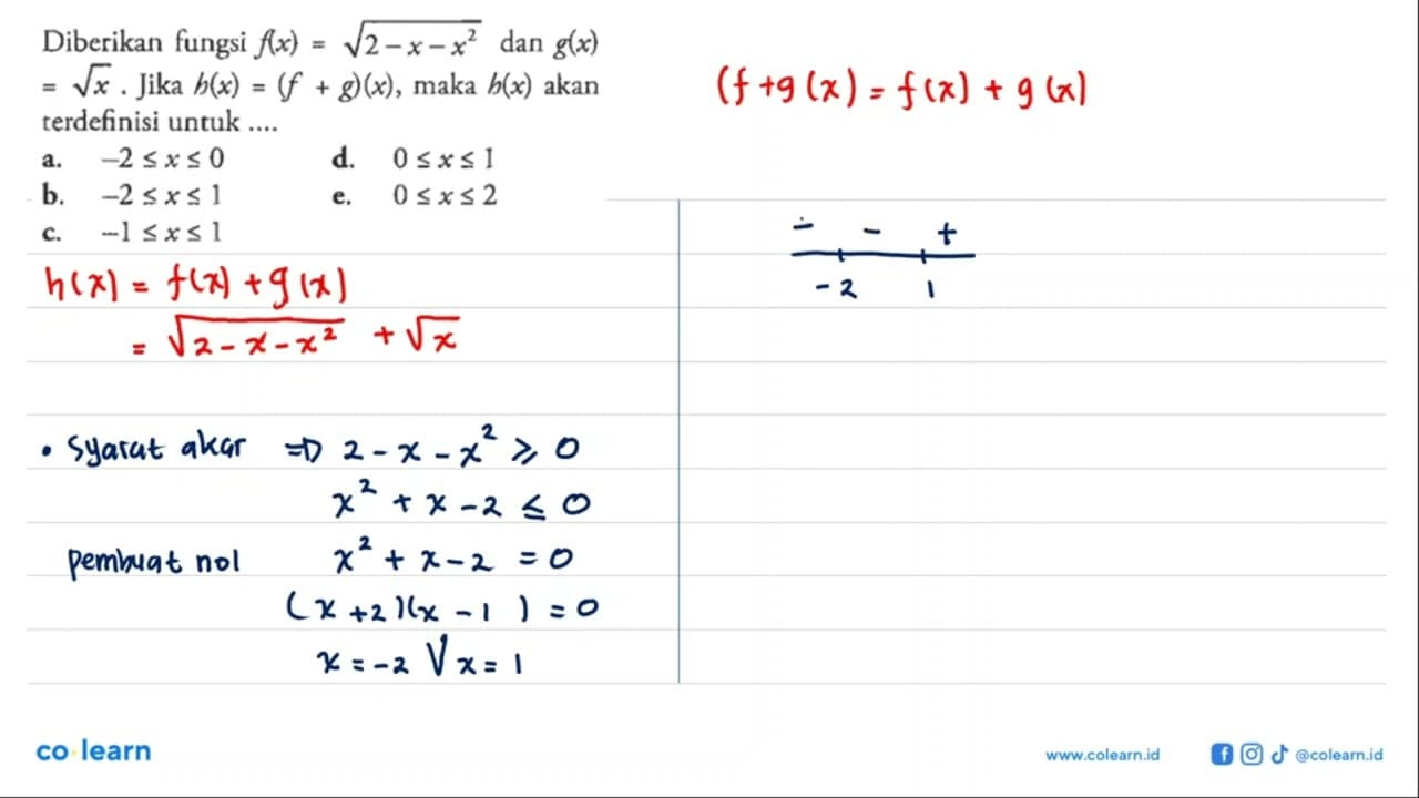 Diberikan fungsi f(x)=akar(2-x-x^2) dan g(x) =akar(x) .