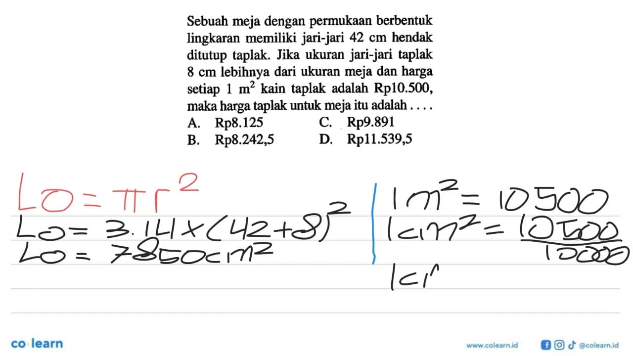 Sebuah meja dengan permukaan berbentuk lingkaran memiliki