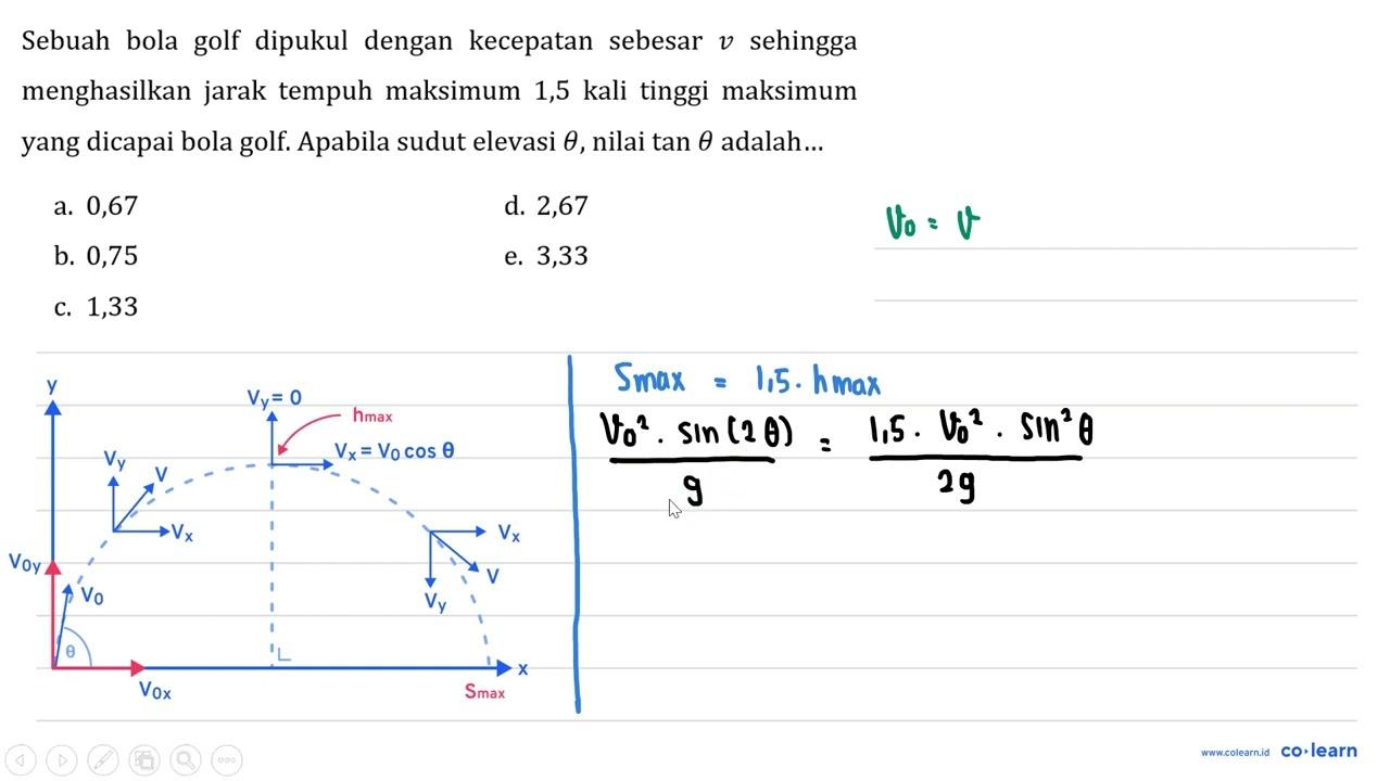 Sebuah bola golf dipukul dengan kecepatan sebesar v