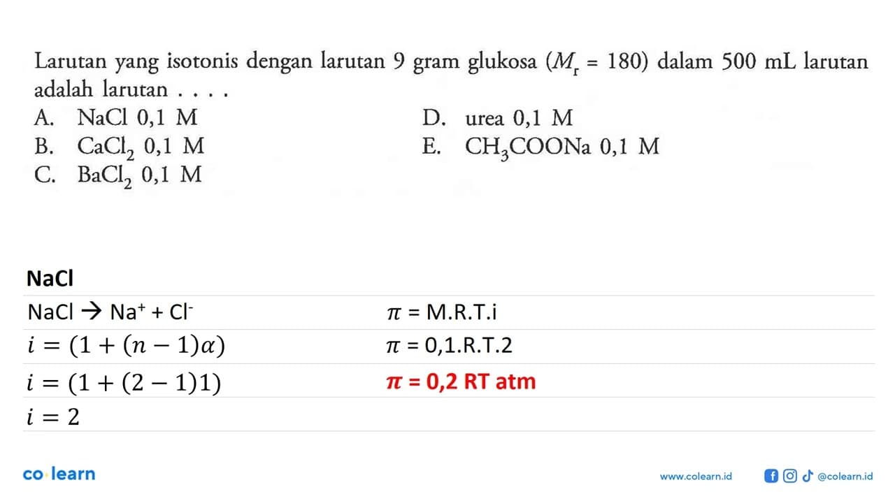 Larutan yang isotonis dengan larutan 9 gram glukosa (Mr =