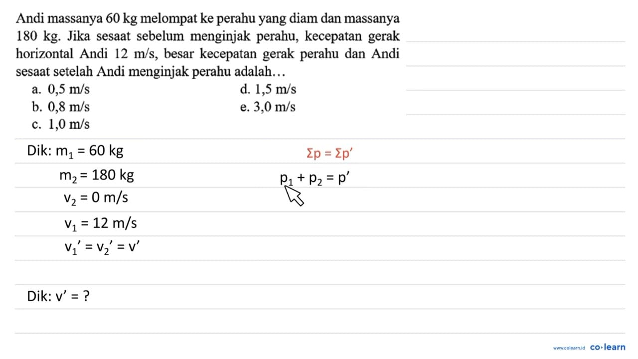 Andi massanya 60 kg melompat ke perahu yang diam dan