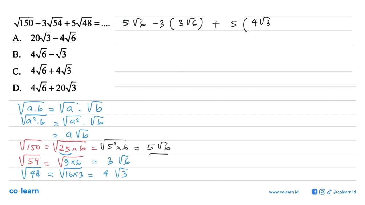 akar(150) - 3 akar(54) +5 akar(48) =