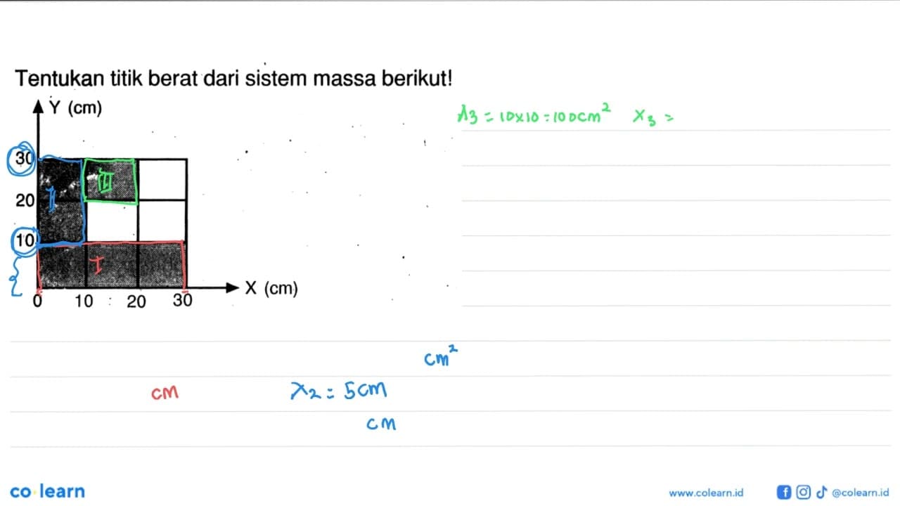 Tentukan titik berat dari sistem massa berikut! Y (cm) 30