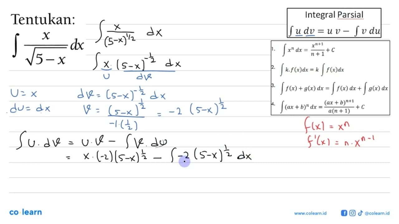 Tentukan:integral x/akar(5-x) dx