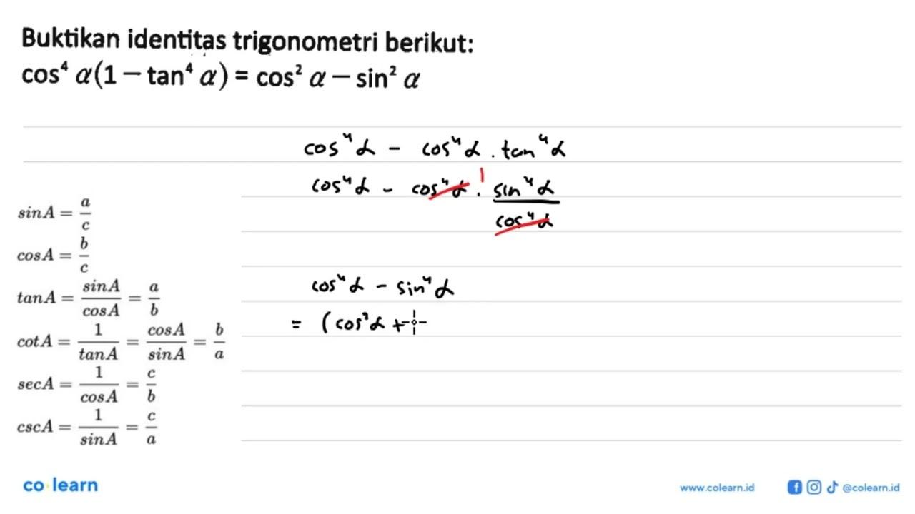 Buktikan identitas trigonometri berikut: cos^4 alpha (1-tan