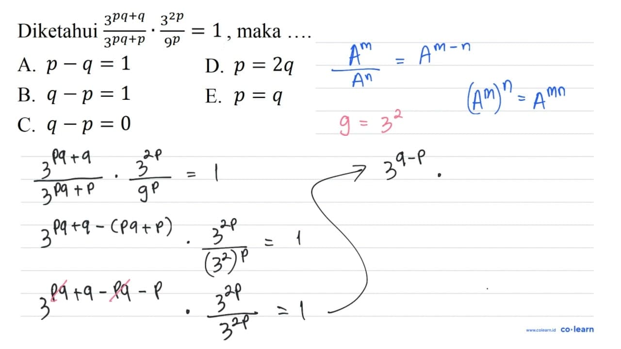 Diketahui (3^(p q+q))/(3^(p q+p)) . (3^(2 p))/(9^(p))=1 ,