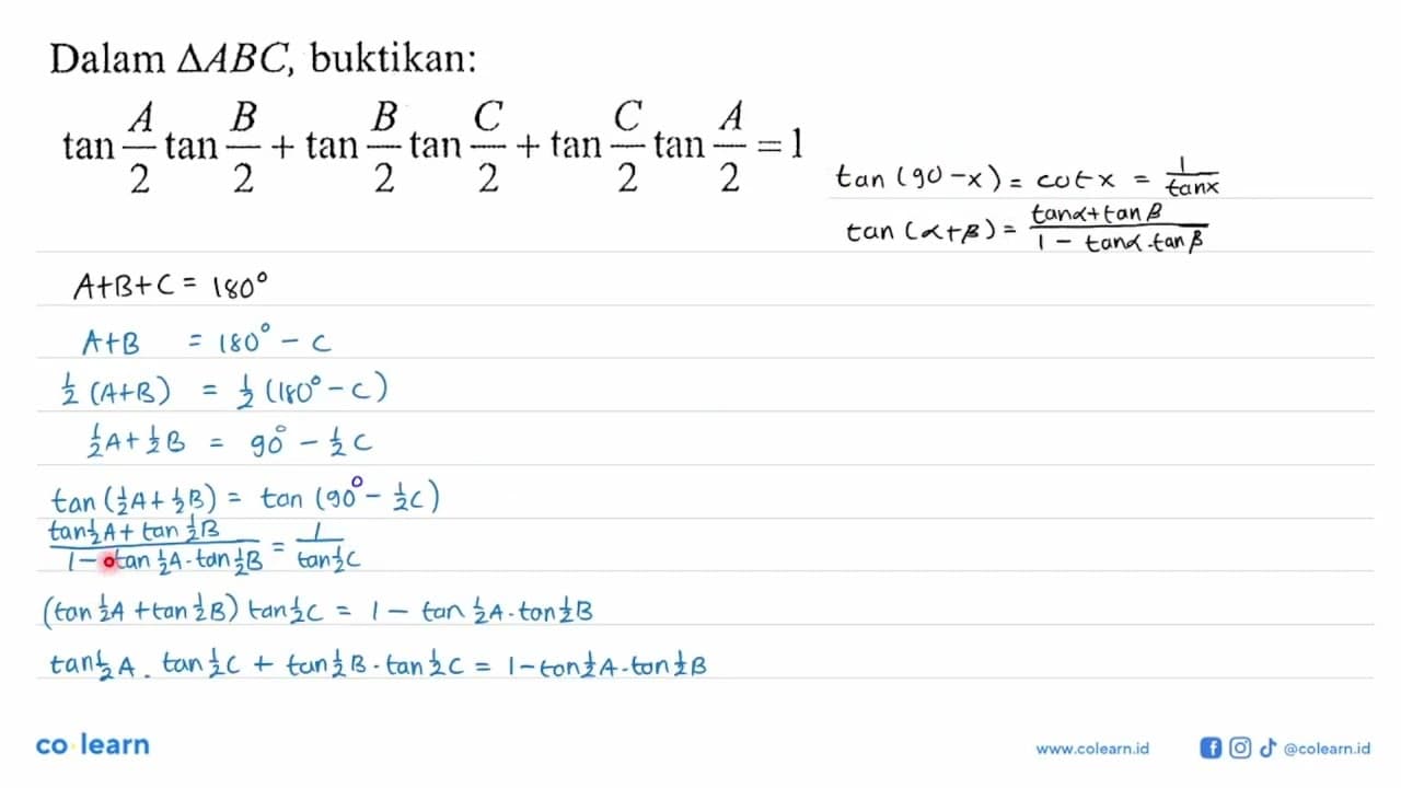 Dalam Segitiga ABC, buktikan: tan A/2 tan B/2 + tan B/2 tan