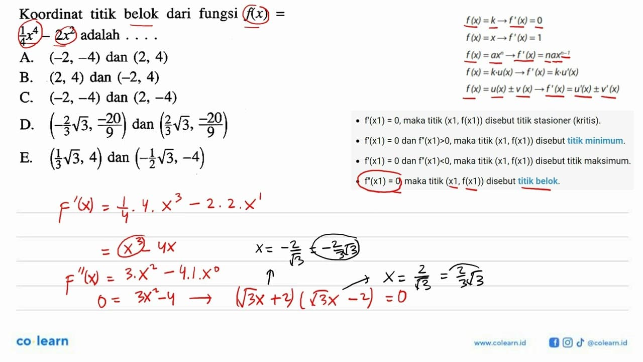 Koordinat titik belok dari fungsi f(x)= (1/4)x^4-2x^2