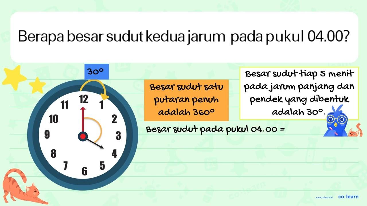 Berapa besar sudut kedua jarum pada pukul 04.00?