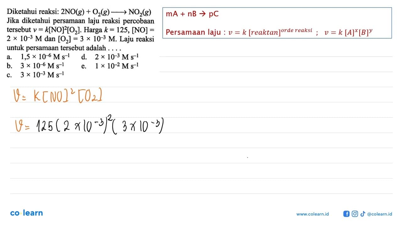 Diketahui reaksi: 2 NO (g) + O2 (g) -> NO2 (g) Jika