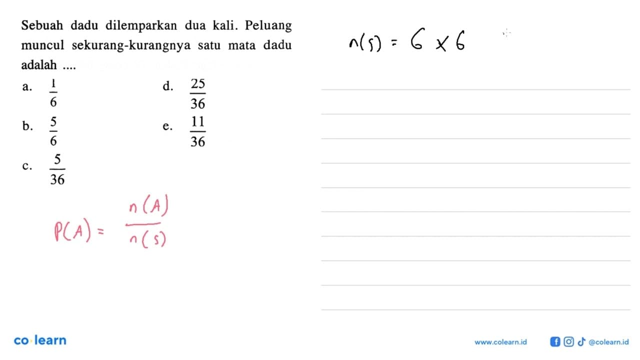 Sebuah dadu dilemparkan dua kali. Peluang muncul