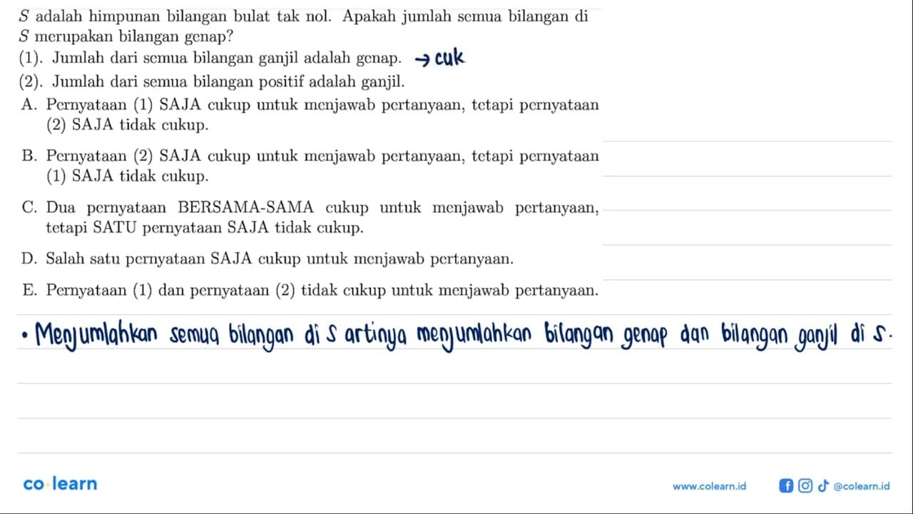 S adalah himpunan bilangan bulat tak nol. Apakah jumlah