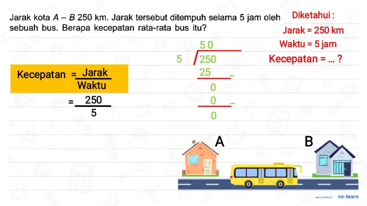 Jarak kota A-B 250 ~km . Jarak tersebut ditempuh selama 5