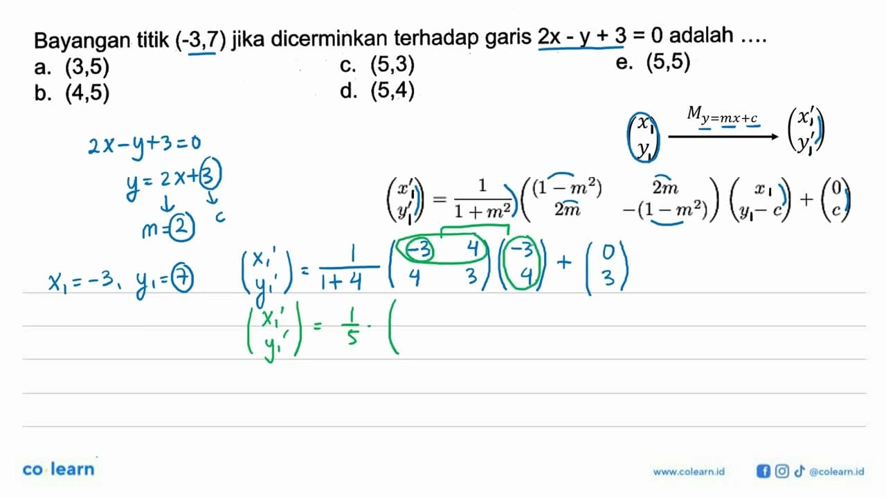 Bayangan titik (-3,7) jika dicerminkan terhadap garis