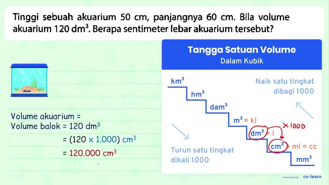 Tinggi sebuah akuarium 50 cm, panjangnya 60 cm. Bila volume