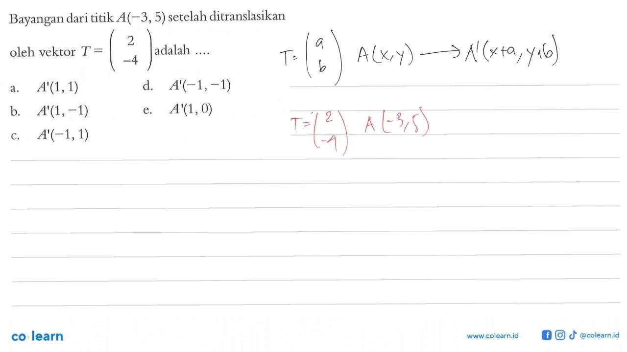 Bayangan dari titik A(-3,5) setelah ditranslasikan 2 oleh