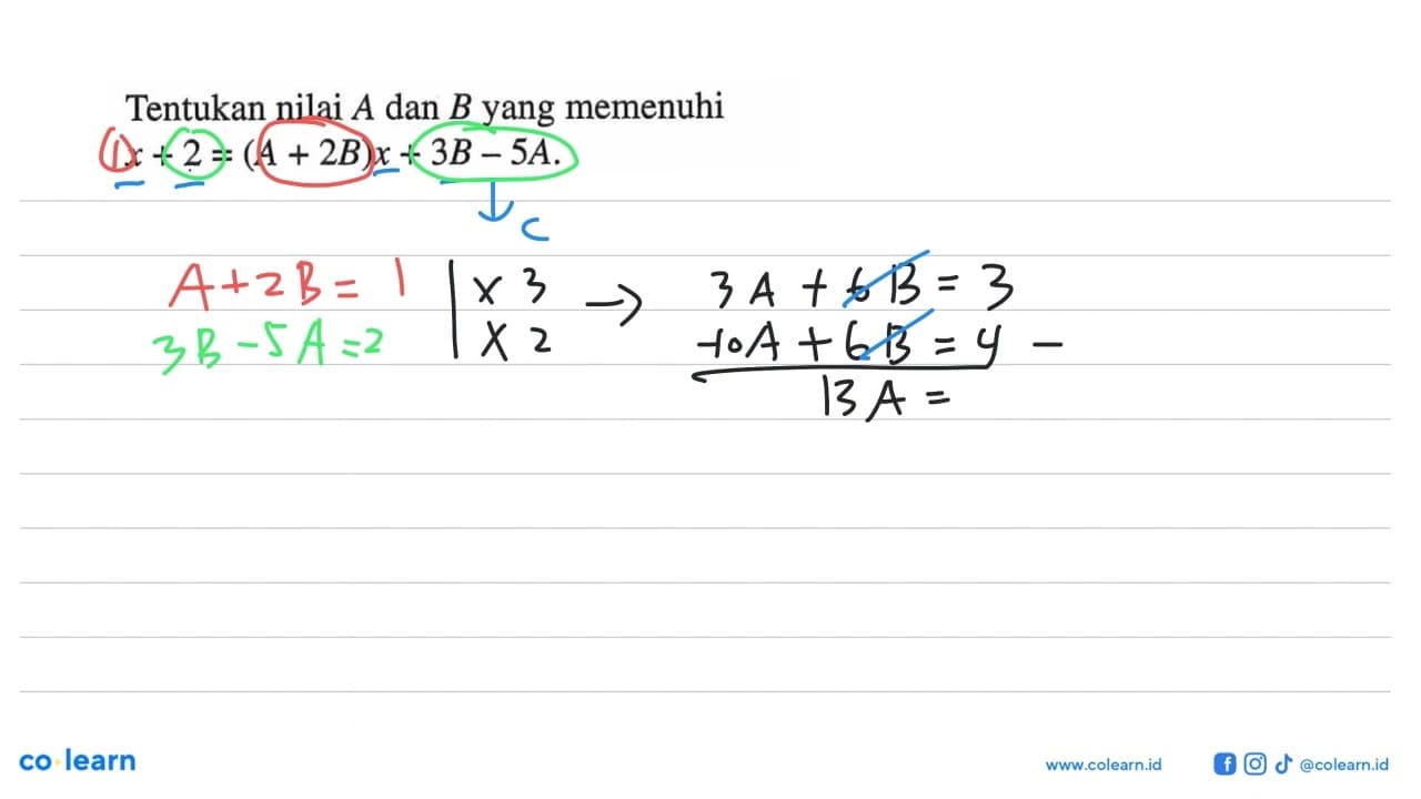 Tentukan nilai A dan B yang memenuhi x+2=(A+2B)x+3B-5A.