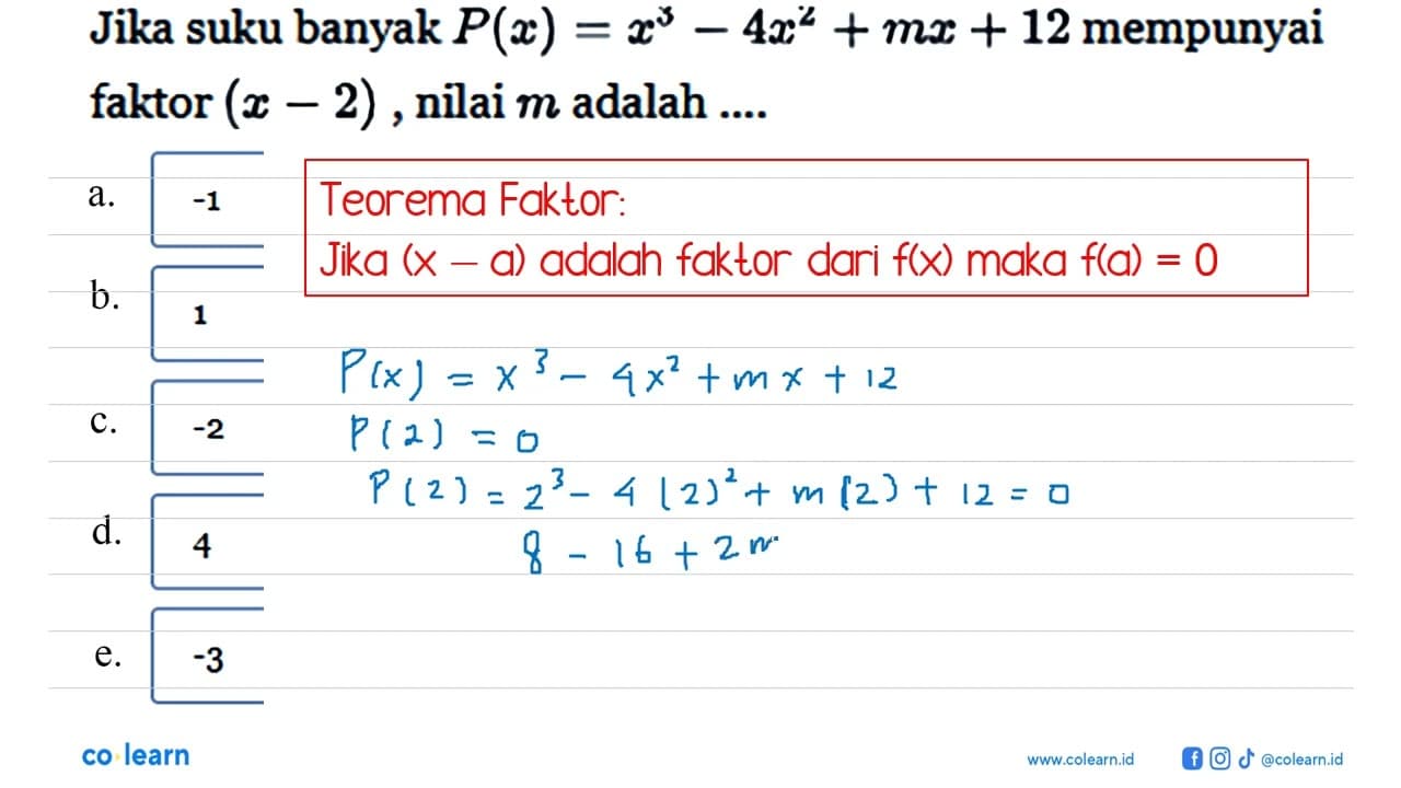 Jika suku banyak P(x)=x^3-4x^2+mx+12 mempunyai faktor