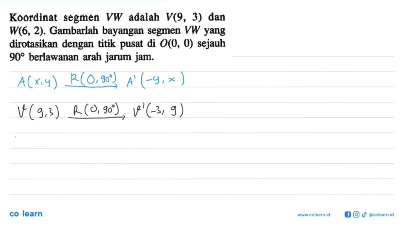 Koordinat segmen VW adalah V(9,3) dan W(6,2) . Gambarlah