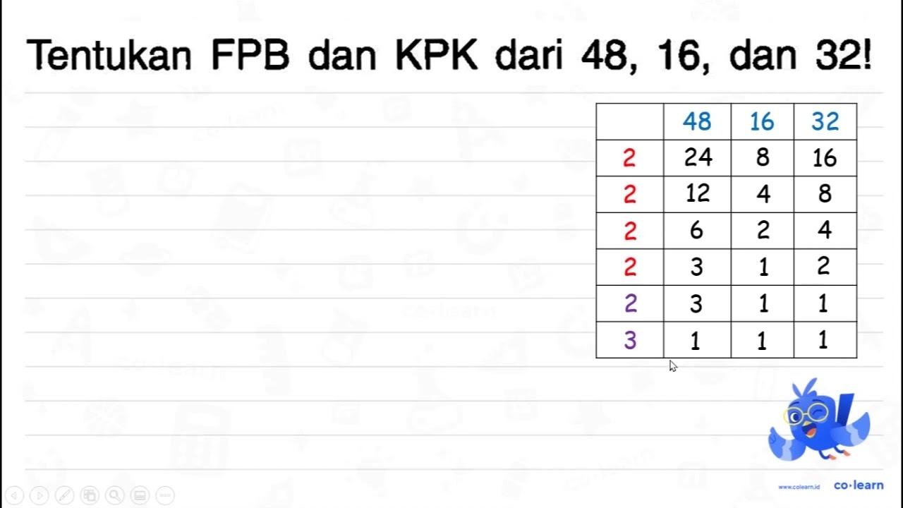 Tentukan FPB dan KPK dari 48,16 , dan 32 !