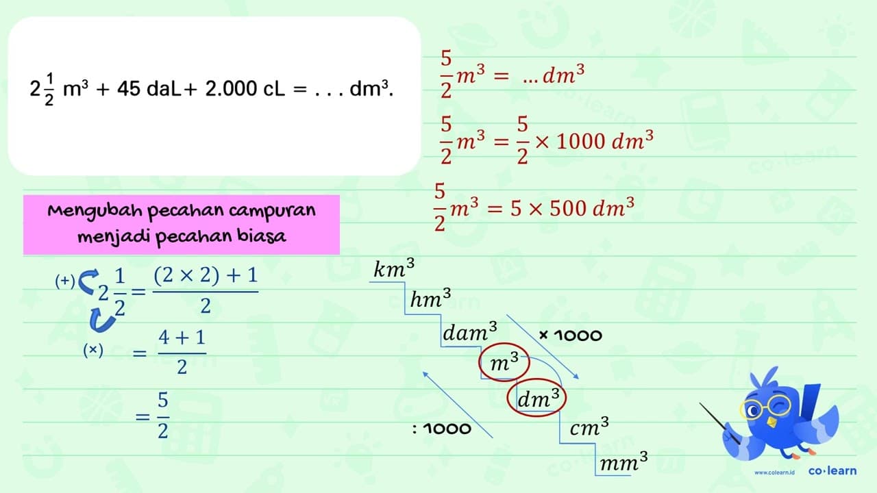 2 1/2 m^3 + 45 daL + 2.000 cL = ... dm^3.