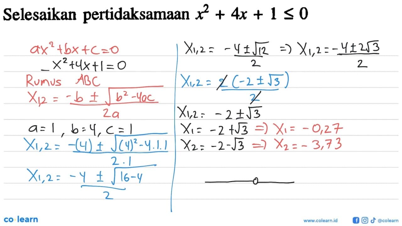 Selesaikan pertidaksamaan x^2+4x+1<=0