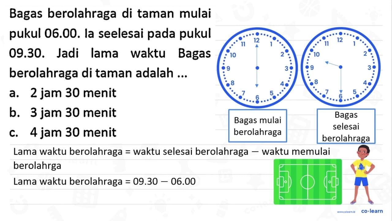 Bagas berolahraga di taman mulai pukul 06.00. la seelesai