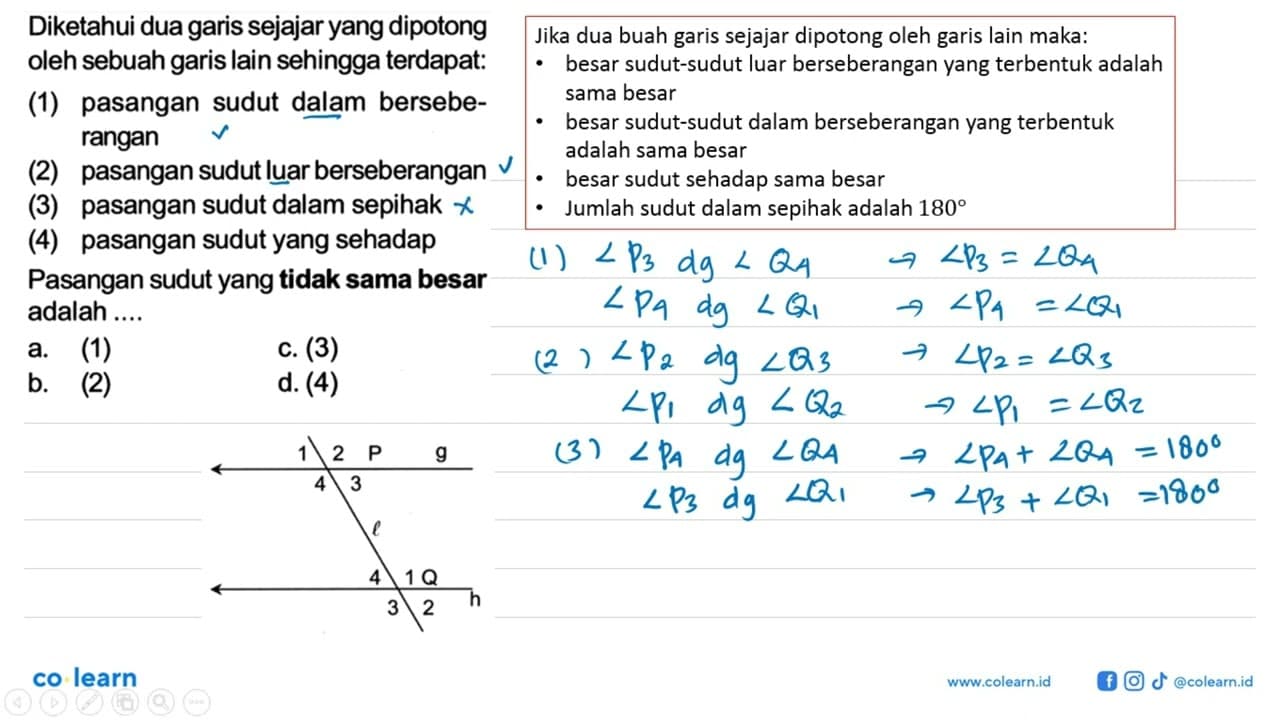 Diketahui dua garis sejajar yang dipotong oleh sebuah garis