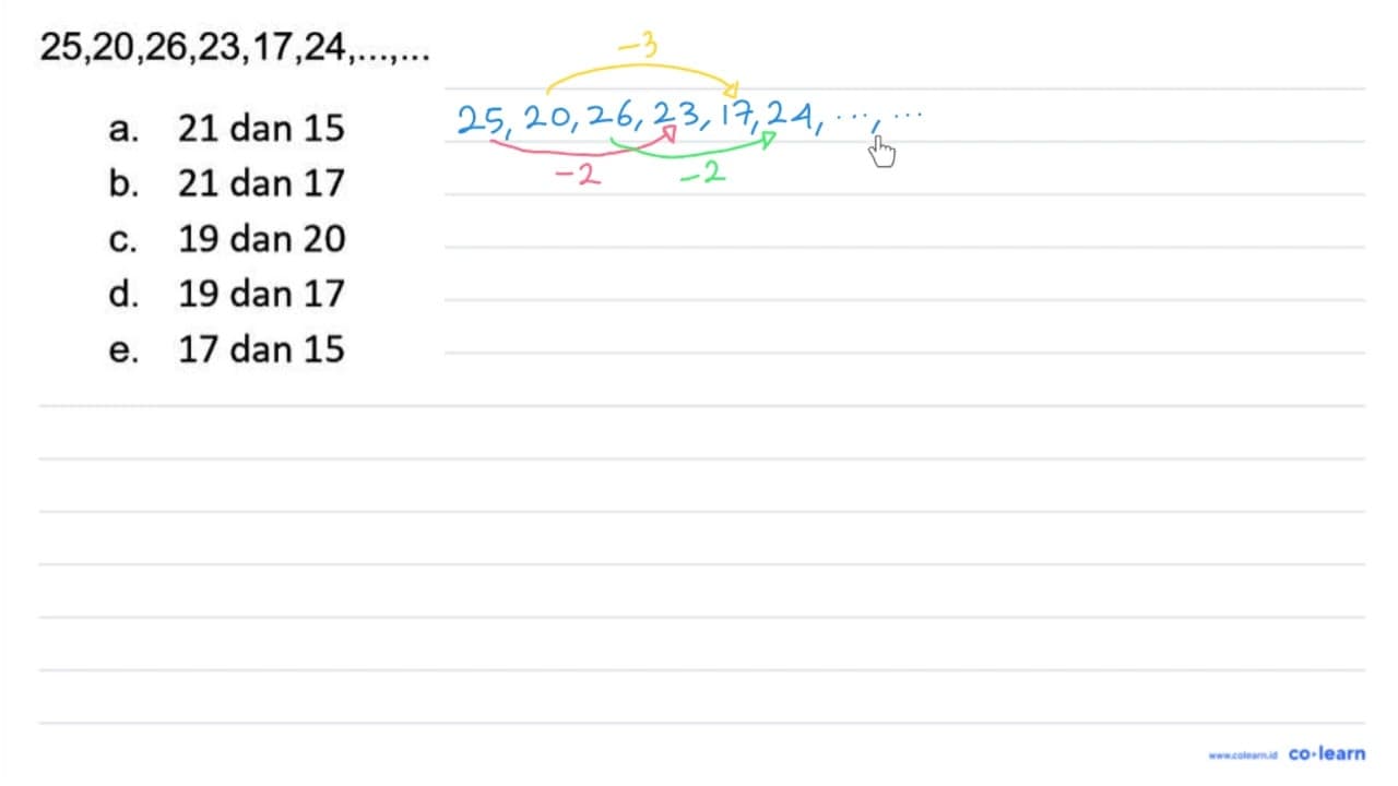 25,20,26,23,17,24, ..., ... a. 21 dan 15 b. 21 dan 17 c. 19