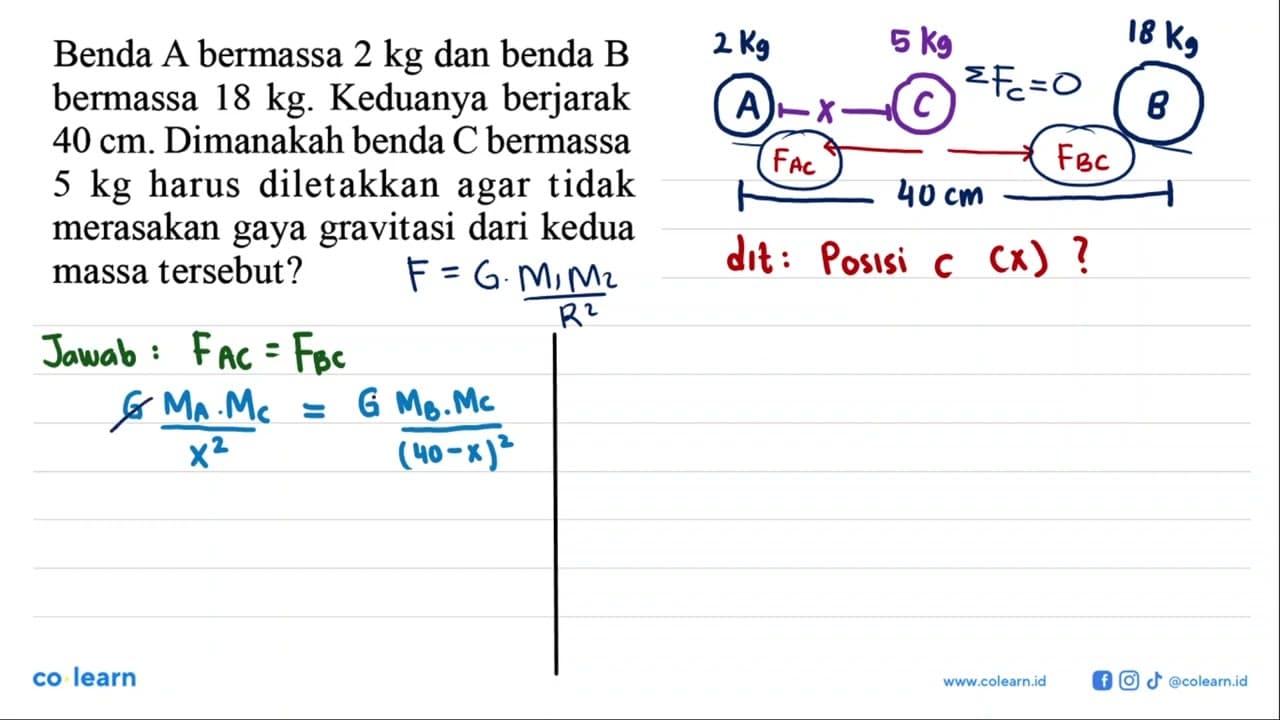 Benda A bermassa 2 kg dan benda B bermassa 18 kg. Keduanya