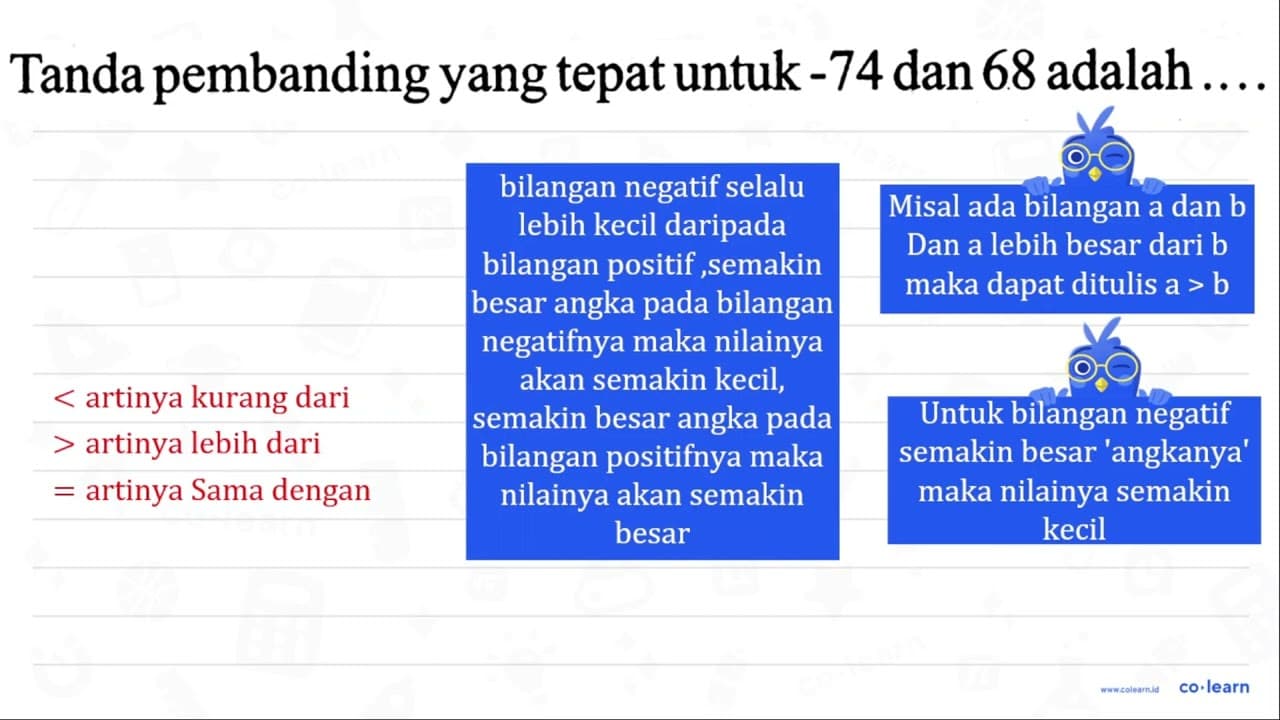 Tanda pembanding yang tepat untuk -74 dan 68 adalah ....