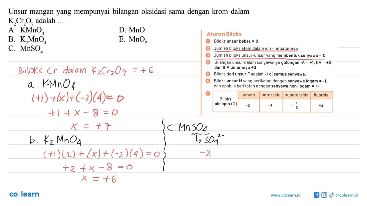 Unsur mangan yang mempunyai bilangan oksidasi sama dengan