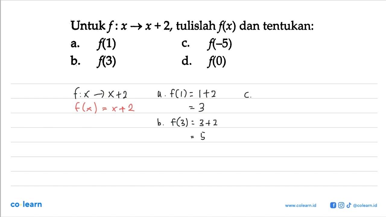 Untuk f : x -> x + 2, tulislah f(x) dan tentukan: a. f(1)