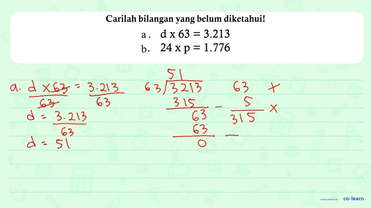 a. d x 63 = 3.213 b. 24 x p = 1.776