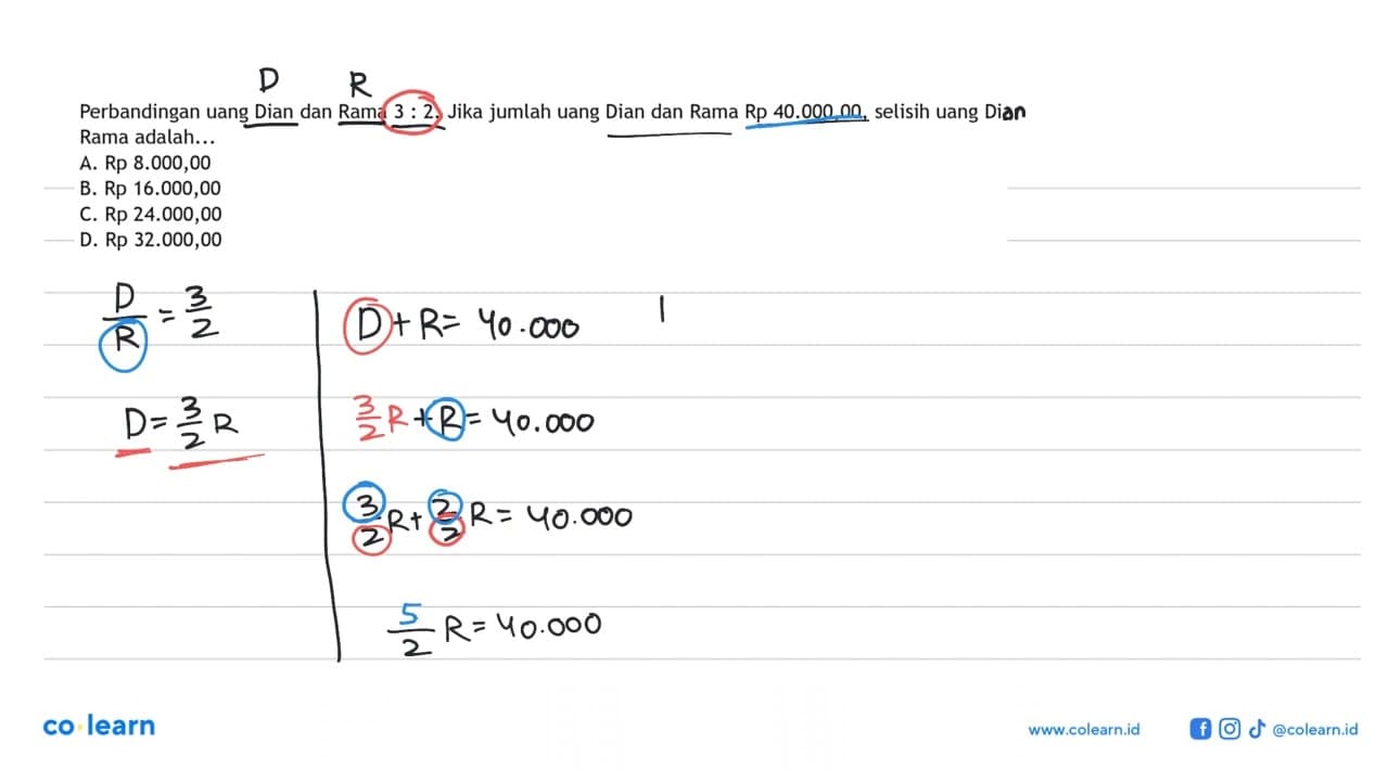 Perbandingan uang Dian dan Rama 3:2. Jika jumlah uang Dian