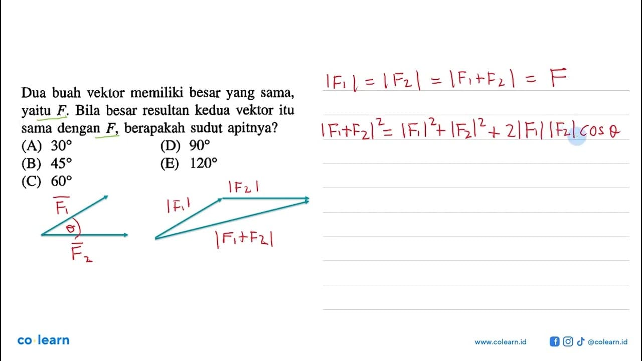 Dua buah vektor memiliki besar yang sama, yaitu F. Bila